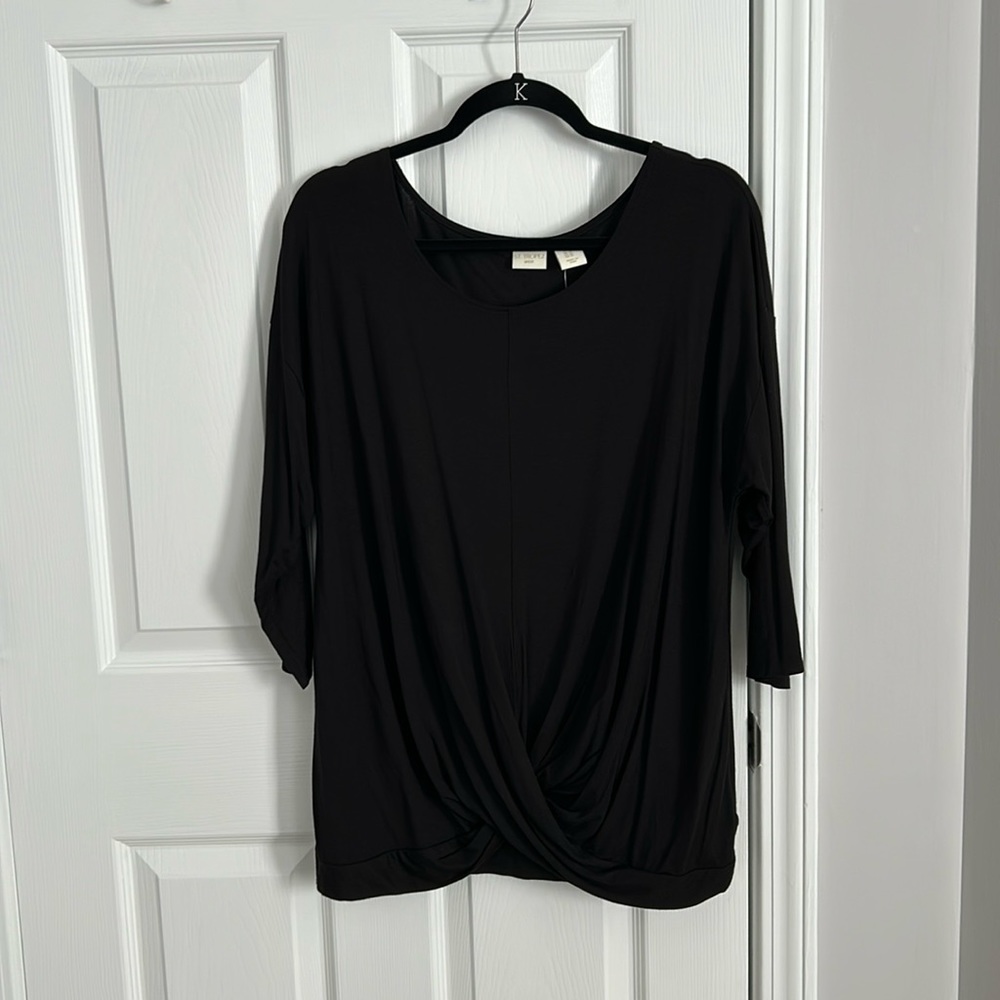 NWT St. Tropez West 3/4 length black tee. Faux cross over at bottom.